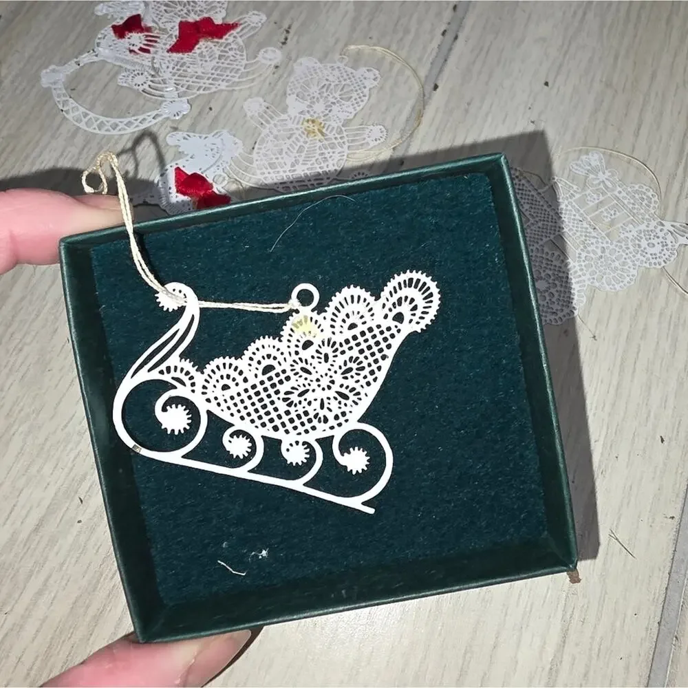 Vnt Lace Like Metal Christmas Ornaments W/Red Bows Bear Train Sled Horse
